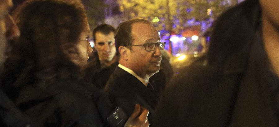 Hollande arrives to visit Bataclan theater in Paris